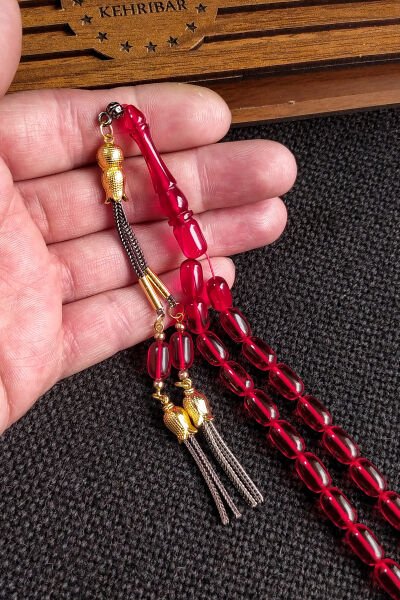 7*11 mm Kırmızı Ateşi Kehribar Tesbih Kişiselleştirilebilir İsme Özel Kehribar Tespih Ahşap Kutulu