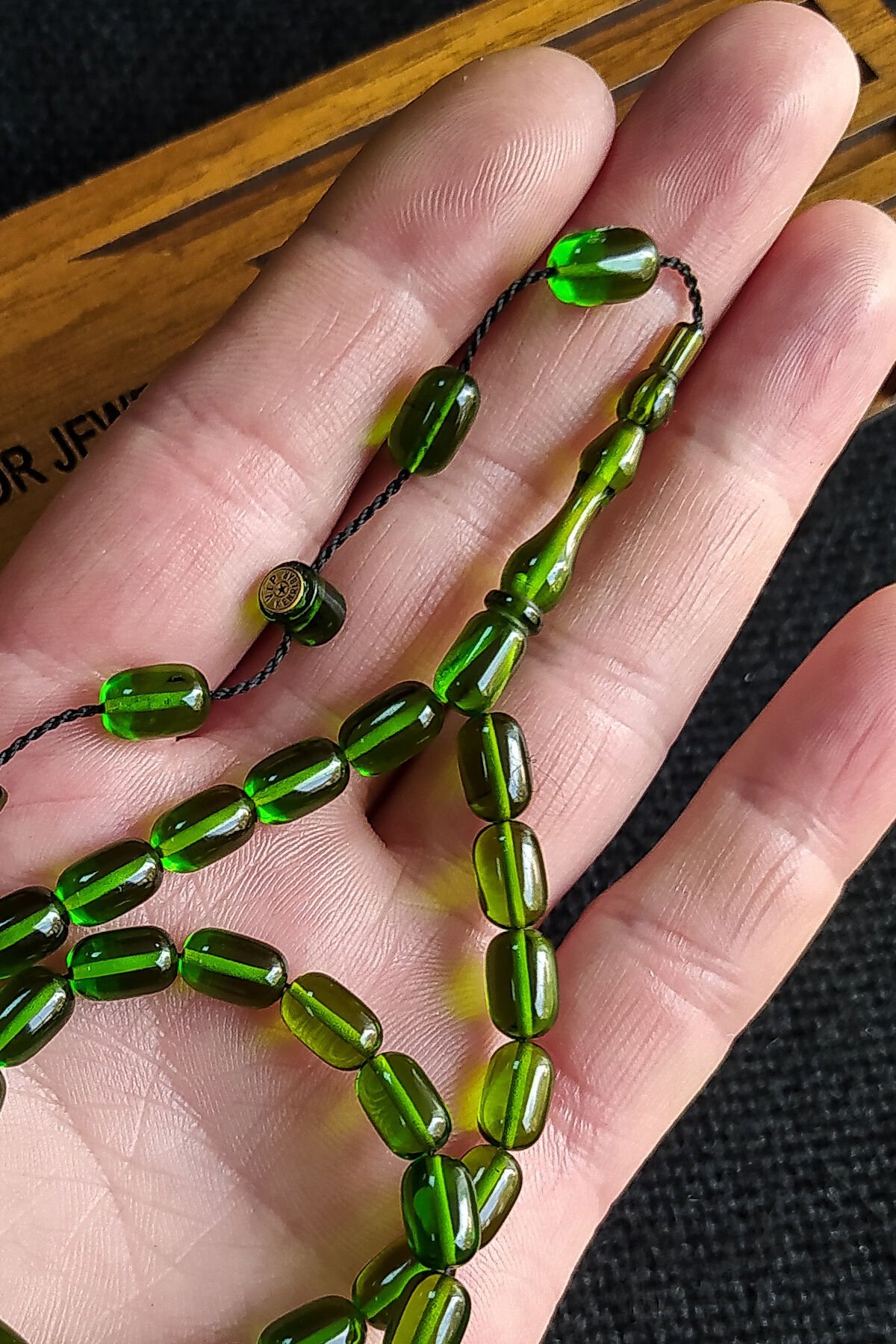 6X9 mm Bürokrat Boy Su Yeşili Ateşi Kehribar Tesbih - Usta İşçilikli Diyarbakır Model Tespih