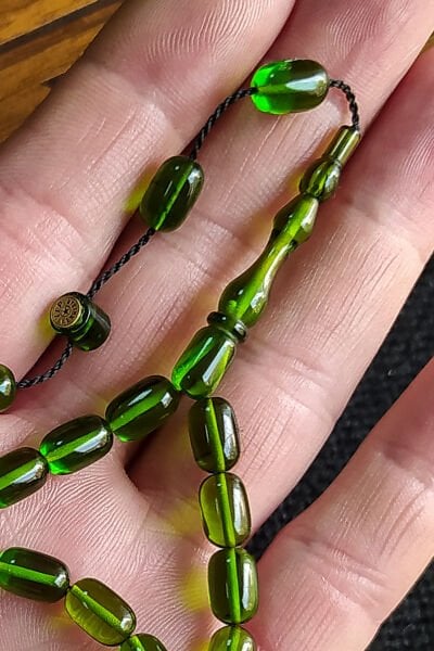 6X9 mm Bürokrat Boy Su Yeşili Ateşi Kehribar Tesbih - Usta İşçilikli Diyarbakır Model Tespih