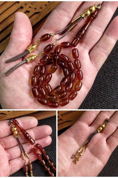 7*11 mm Zeytin Yeşili Ateşi Kehribar Tesbih Kişiselleştirilebilir İsme Özel Tespih Ahşap Kutulu