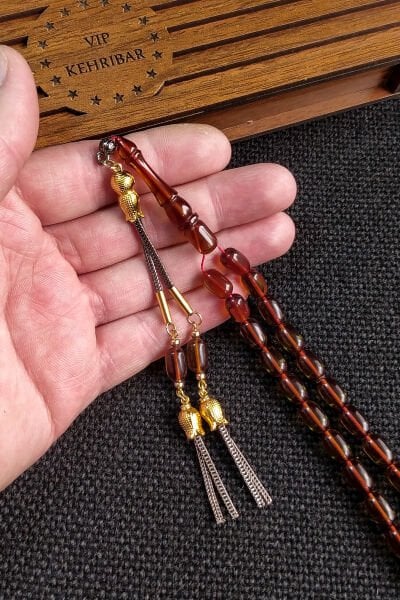 7*11 mm Zeytin Yeşili Ateşi Kehribar Tesbih Kişiselleştirilebilir İsme Özel Tespih Ahşap Kutulu