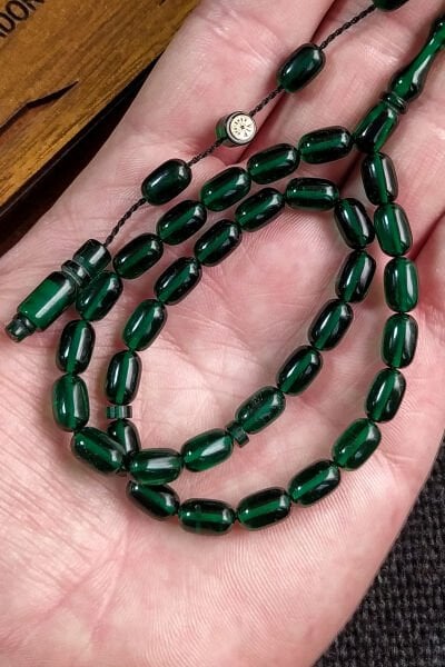 6X9 mm Bürokrat Boy Zümrüt Yeşili Ateşi Kehribar Tesbih - Usta İşçilikli Diyarbakır Model Tespih