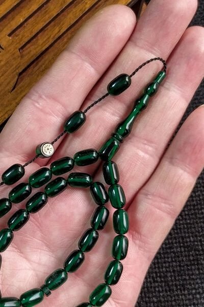 6X9 mm Bürokrat Boy Zümrüt Yeşili Ateşi Kehribar Tesbih - Usta İşçilikli Diyarbakır Model Tespih