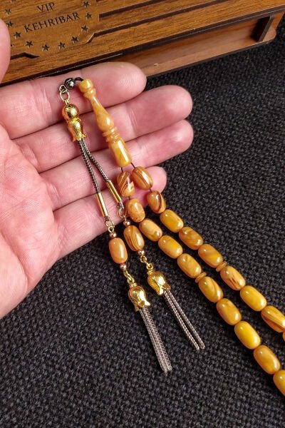 7*11 mm  Ateşi Kehribar Tesbih Kişiselleştirilebilir İsme Özel Sıkma Kehribar Tespih Ahşap Kutulu