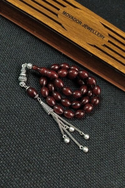 Koleksiyonluk 9X12 mm Vişne Rengi Helezon Damarlı Sıkma Kehribar Tesbih - Osama Omari Usta İşçilikli