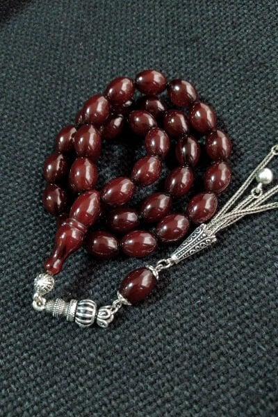 Koleksiyonluk 9X12 mm Vişne Rengi Helezon Damarlı Sıkma Kehribar Tesbih - Osama Omari Usta İşçilikli