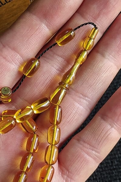 6X9 mm Bürokrat Boy Altın Rengi Ateşi Kehribar Tesbih - Usta İşçilikli Diyarbakır Model Tespih