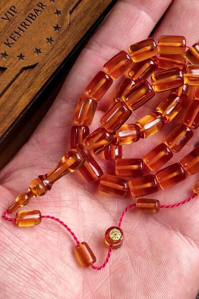 İmzalı 7X11 mm Altın Rengi Ateşi Kehribar Tesbih - Usta İşçilikli Zar Kehribar - Şeffaf Delim Kesme