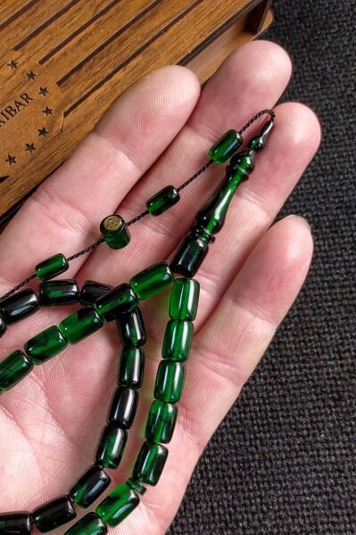 İmzalı 7X11 mm Yeşil Siyah Ateşi Kehribar Tesbih - Usta İşçilikli Sıkma Kehribar - Hediye Tespih