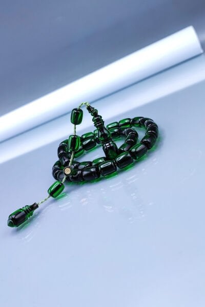 9x11 mm Koyu Yeşil Ebu Sırr İmzalı Zar Kehribar Tesbih