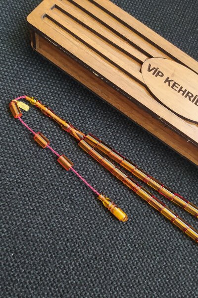 5,5x10 mm Kesme Ateşi Kehribar Tesbih Ayhan Turan Usta İşçilikli İmzalı Sistemli Tespih Ahşap Kutulu