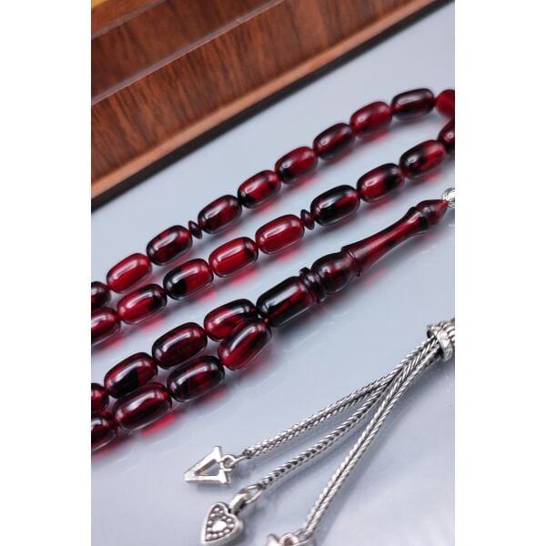 Sevgiliye Özel Mesajlı Ateşi Kehribar Tesbih - İsme Özel 7X11 mm Kapsül Kesim Tespih - Ahşap Kutulu