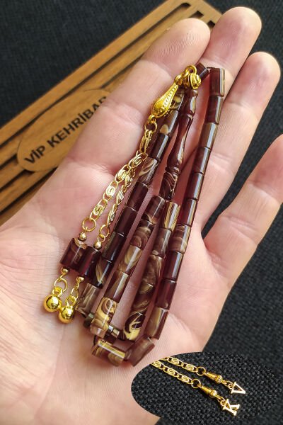 5,5x10 mm Kesme Ateşi Kehribar Tesbih İsme Özel Kişiselleştirilebilir Ahşap Kutulu Tespih