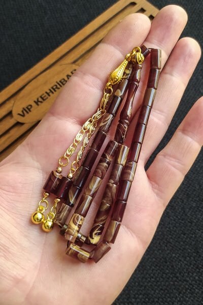 5,5x10 mm Kesme Ateşi Kehribar Tesbih İsme Özel Kişiselleştirilebilir Ahşap Kutulu Tespih