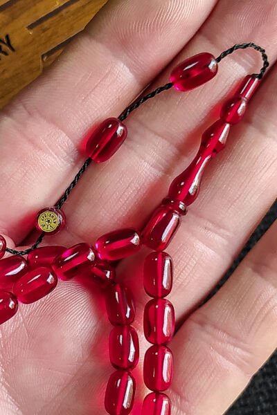 6X9 mm Bürokrat Boy Kırmızı Ateşi Kehribar Tesbih - Usta İşçilikli Sıkma Kehribar - Diyarbakır Model