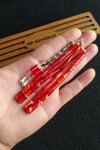 7x11 mm Kesme Ateşi Kehribar Tesbih İsme Özel Kişiselleştirilebilir Ahşap Kutulu Tespih