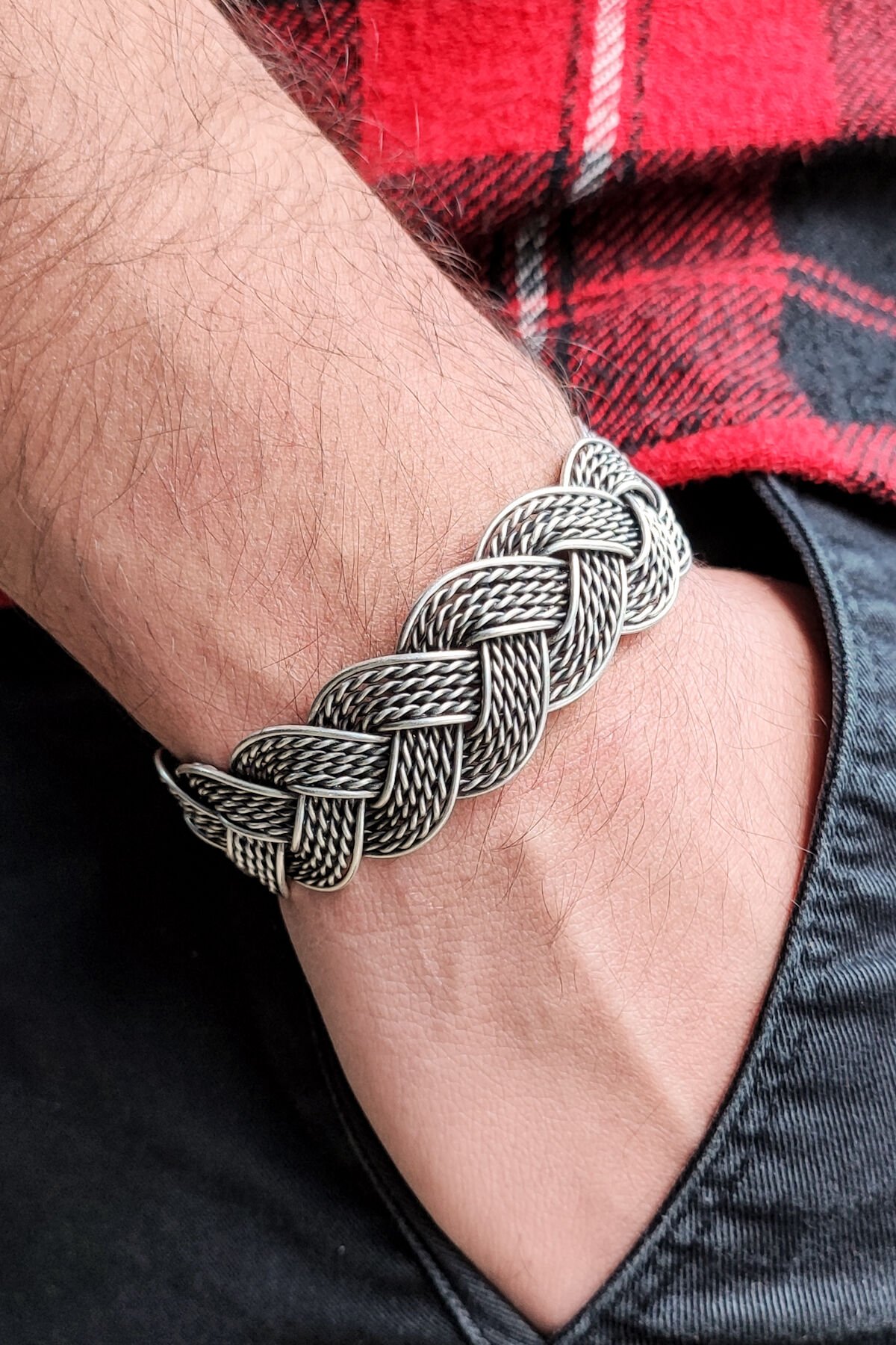 El Yapımı Geçmeli Bakır Bileklik Örgülü Bileklik Gümüş Kaplama Ayarlanabilir Stress Bilekliği