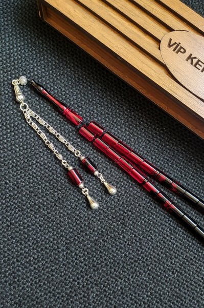 5,5x10 mm Kesme Ateşi Kehribar Tesbih İsme Özel Kişiselleştirilebilir Ahşap Kutulu Tespih