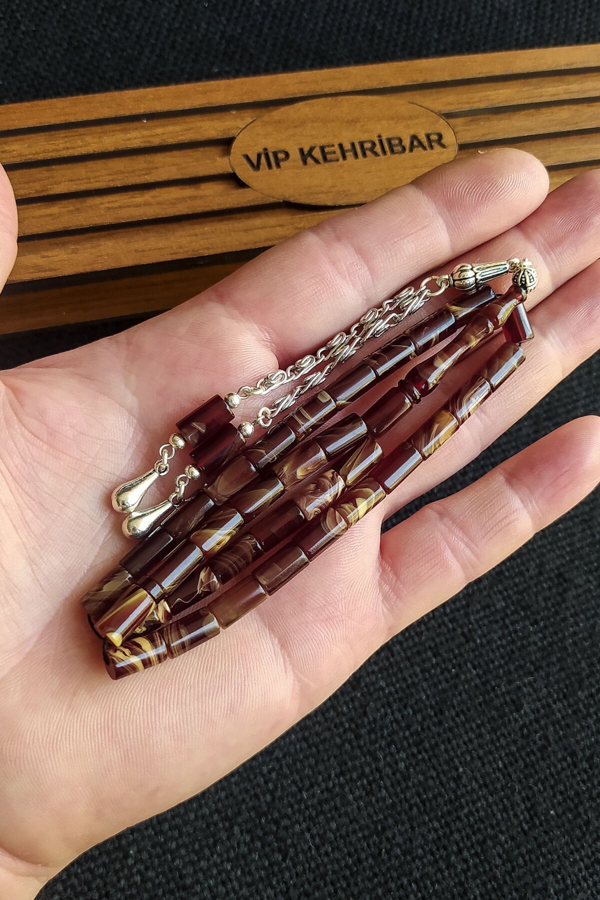 5,5x10 mm Kesme Ateşi Kehribar Tesbih İsme Özel Kişiselleştirilebilir Ahşap Kutulu Tespih