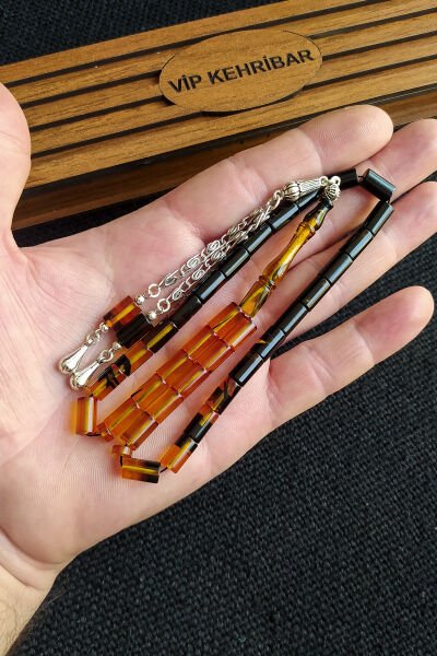 5,5x10 mm Kesme Ateşi Kehribar Tesbih İsme Özel Kişiselleştirilebilir Ahşap Kutulu Tespih