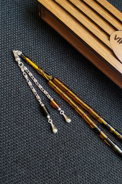 5,5x10 mm Kesme Ateşi Kehribar Tesbih İsme Özel Kişiselleştirilebilir Ahşap Kutulu Tespih