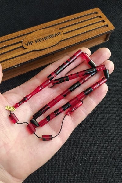 5,5x10 mm Kesme Ateşi Kehribar Tesbih Ayhan Turan Usta İşçilikli İmzalı Sistemli Tespih Ahşap Kutulu