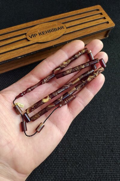 5,5x10 mm Kesme Ateşi Kehribar Tesbih Ayhan Turan Usta İşçilikli İmzalı Sistemli Tespih Ahşap Kutulu