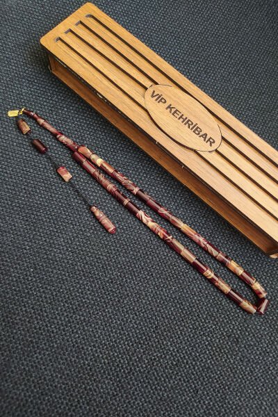 5,5x10 mm Kesme Ateşi Kehribar Tesbih Ayhan Turan Usta İşçilikli İmzalı Sistemli Tespih Ahşap Kutulu