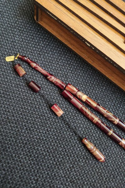 5,5x10 mm Kesme Ateşi Kehribar Tesbih Ayhan Turan Usta İşçilikli İmzalı Sistemli Tespih Ahşap Kutulu