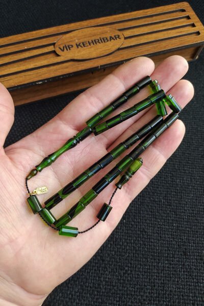 5,5x10 mm Kesme Ateşi Kehribar Tesbih Ayhan Turan Usta İşçilikli İmzalı Sistemli Tespih Ahşap Kutulu