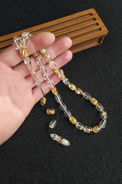 24K Yenilebilir Altın Parçacıklı Tesbih Altın Varaklı Plexiglass Uçak Camı Tesbih Ahşap Kutulu