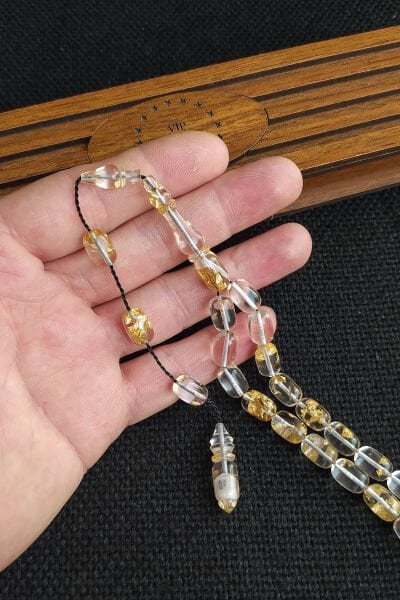 24K Yenilebilir Altın Parçacıklı Tesbih Altın Varaklı Plexiglass Uçak Camı Tesbih Ahşap Kutulu