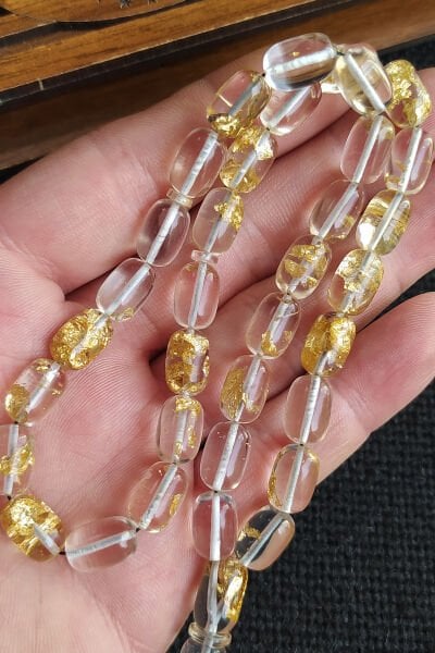 24K Yenilebilir Altın Parçacıklı Tesbih Altın Varaklı Plexiglass Uçak Camı Tesbih Ahşap Kutulu