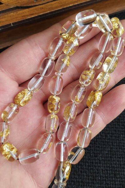 24K Yenilebilir Altın Parçacıklı Tesbih Altın Varaklı Plexiglass Uçak Camı Tesbih Ahşap Kutulu