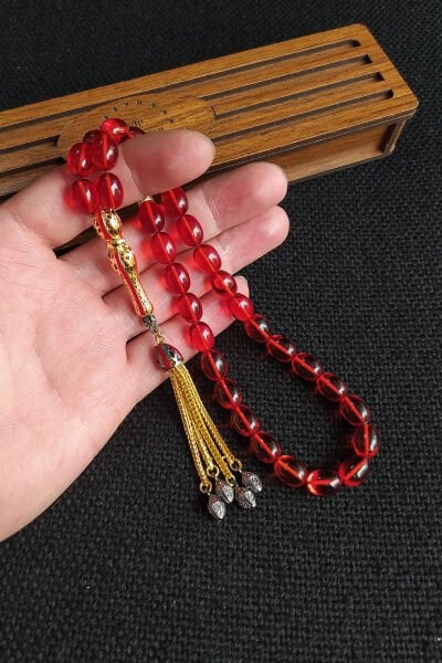 8x11 mm Kırmızı Ateşi Kehribar Tesbih Telkari İmame Püskül Kombinli Tespih Ahşap Kutulu Mesajlı