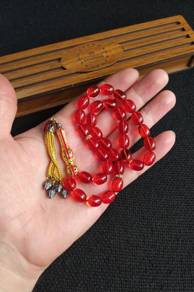 8x11 mm Kırmızı Ateşi Kehribar Tesbih Telkari İmame Püskül Kombinli Tespih Ahşap Kutulu Mesajlı