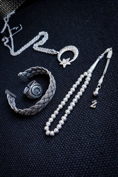 Bakır Tesbih Bileklik Kolye Yüzük Erkek Takı Seti Ayarlanabilir Yüzük Kolye Bileklik Ayyıldız