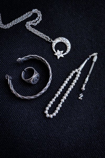 Bakır Tesbih Bileklik Kolye Yüzük Erkek Takı Seti Ayarlanabilir Yüzük Kolye Bileklik Ayyıldız