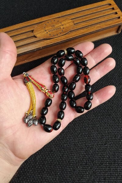 8x11mm Turuncu Siyah Ateşi Kehribar Tesbih Telkari İmame Püskül Kombinli Tespih Ahşap Kutulu Mesajlı