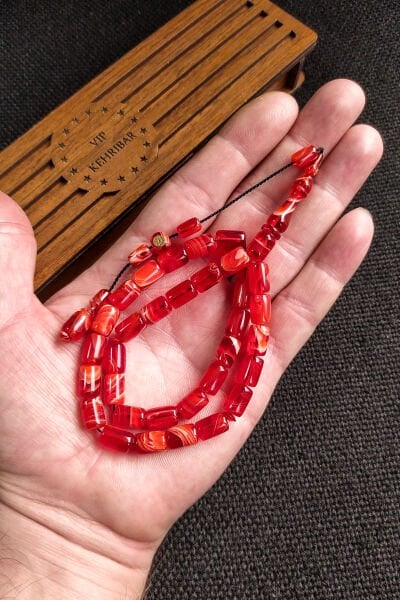 İmzalı 7X11 mm Turuncu Ateşi Kehribar Tesbih - Usta İşçilikli Sıkma Kehribar - Hediye Tespih