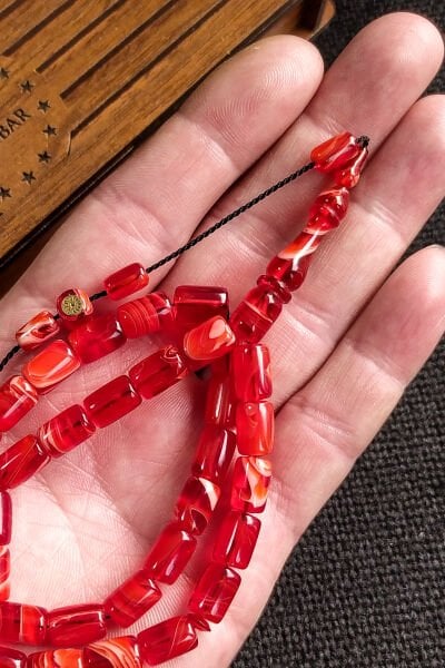 İmzalı 7X11 mm Turuncu Ateşi Kehribar Tesbih - Usta İşçilikli Sıkma Kehribar - Hediye Tespih