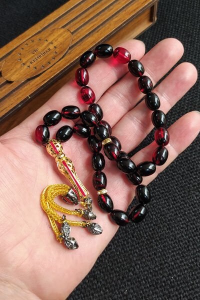 8x11 mm Sarı Siyah Ateşi Kehribar Tesbih Telkari İmame Püskül Kombinli Tespih Ahşap Kutulu Mesajlı