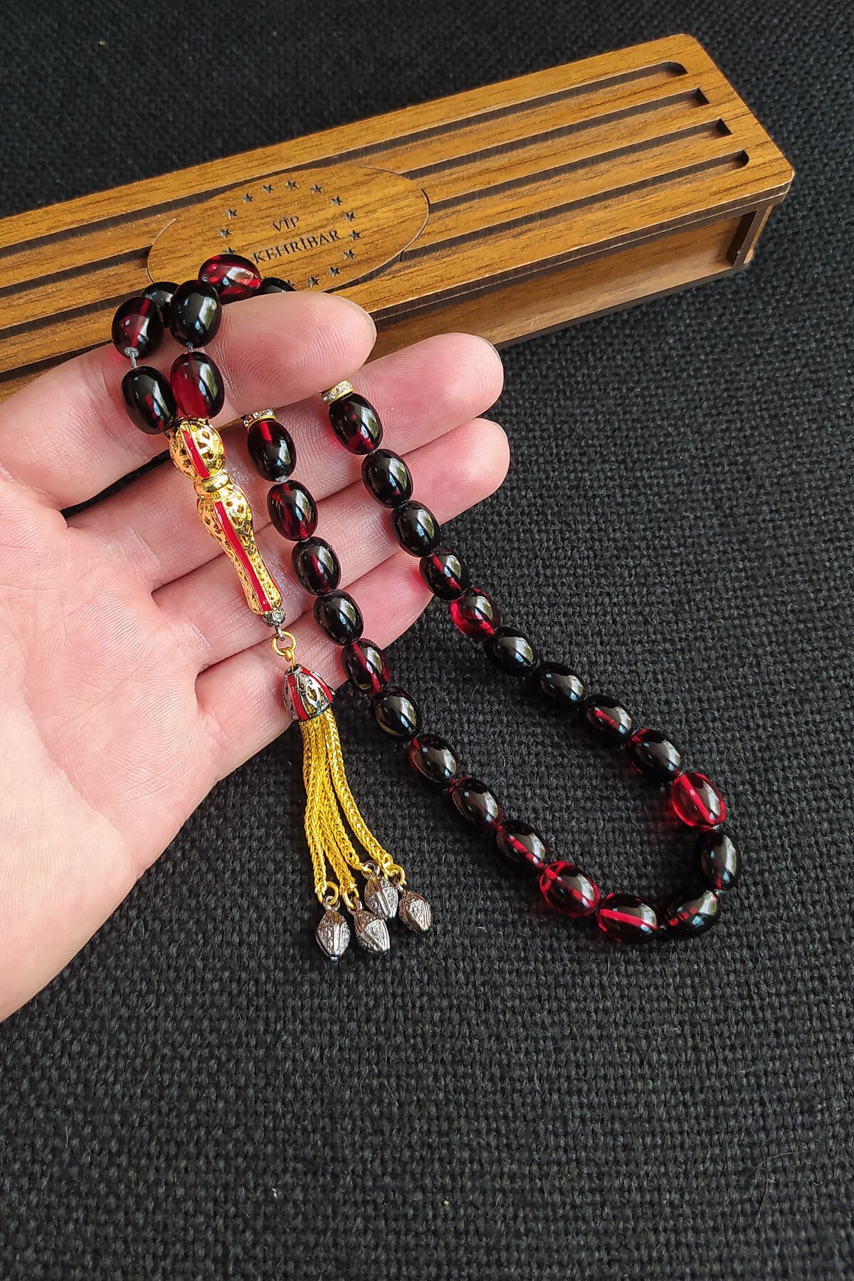 8x11 mm Sarı Siyah Ateşi Kehribar Tesbih Telkari İmame Püskül Kombinli Tespih Ahşap Kutulu Mesajlı