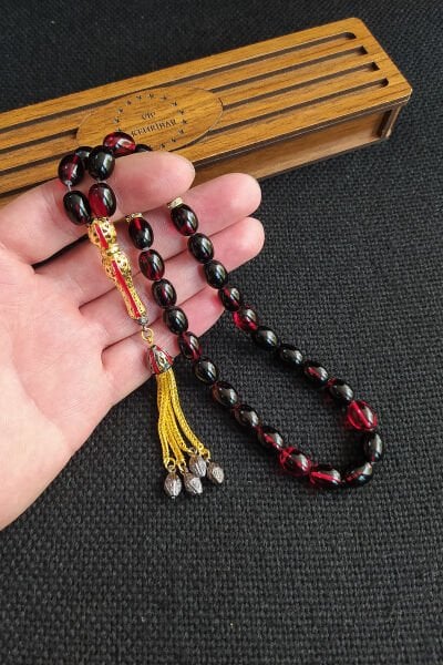 8x11 mm Sarı Siyah Ateşi Kehribar Tesbih Telkari İmame Püskül Kombinli Tespih Ahşap Kutulu Mesajlı