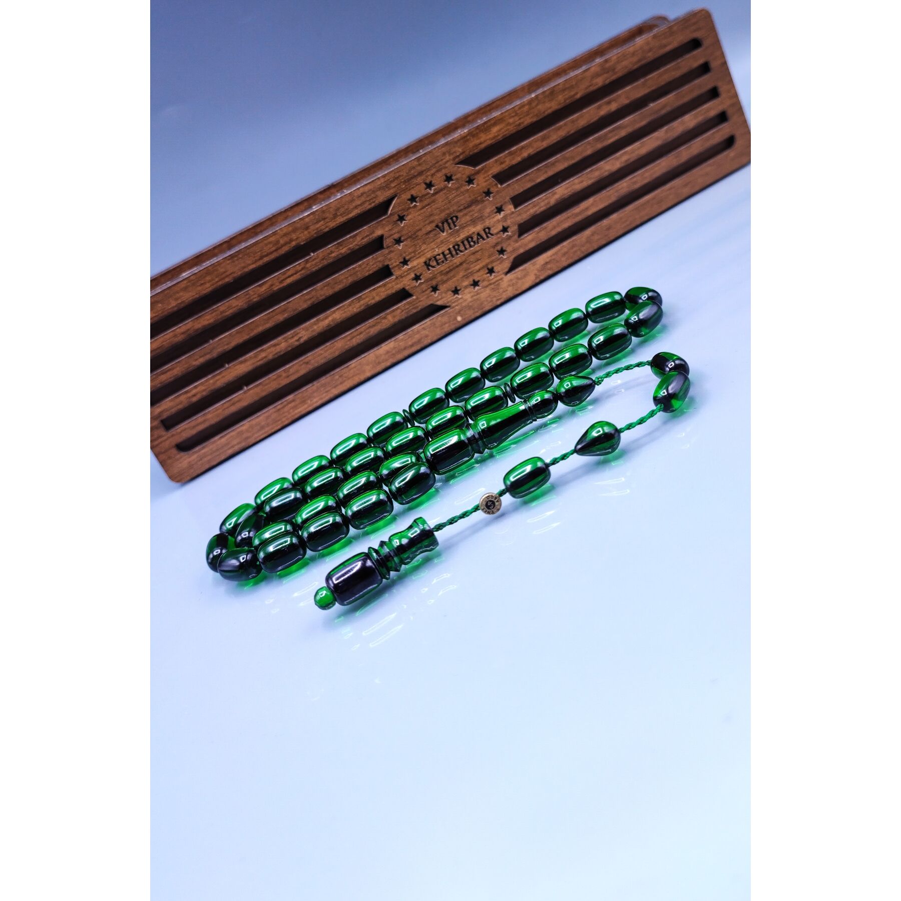 8x12 mm Yeşil Zar Kehribar Tesbih - Enes Abdo Usta İmzalı Tespih