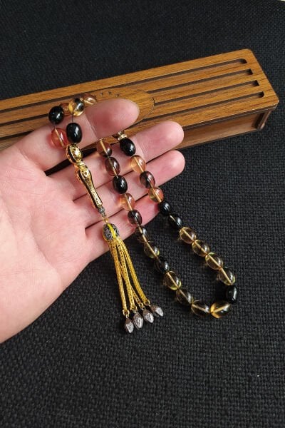 9x11 mm Sarı Siyah Ateşi Kehribar Tesbih Telkari İmame Püskül Kombinli Tespih Ahşap Kutulu Mesajlı