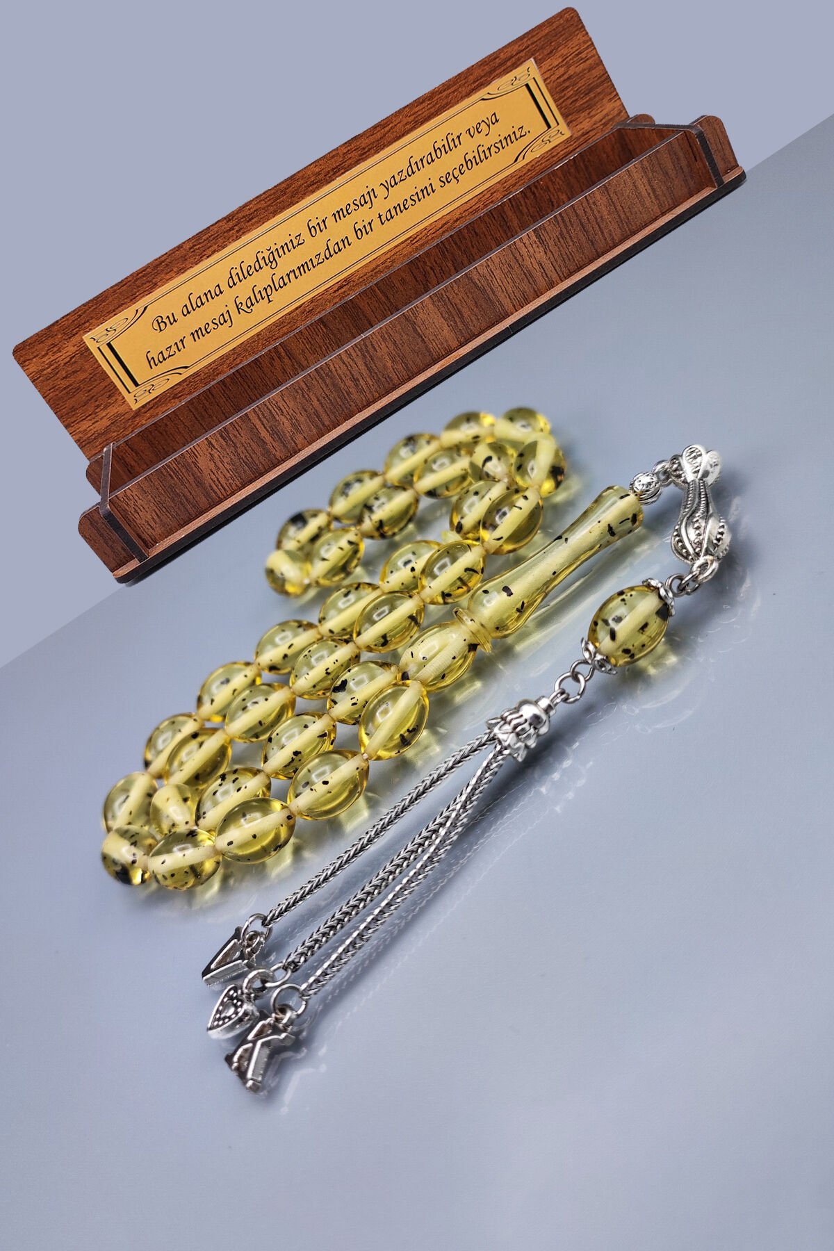 Sevgiliye Özel Mesajlı Fosilli Beyrut Kehribar Tesbih - İsme Özel 8x12 mm Beyzi Tespih-Ahşap Kutulu