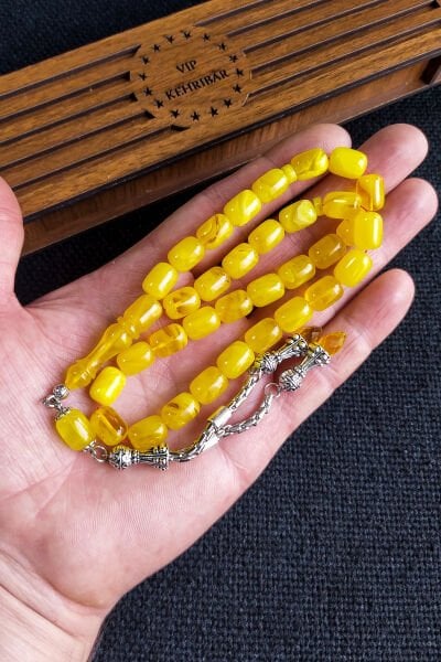 Kişiselleştirilebilir Zirkon Taşlı Sarı Hareli Sıkma Kehribar Tesbih, 8x11 mm Kapsül Kesim Tespih