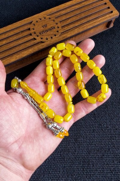 Kişiselleştirilebilir Zirkon Taşlı Sarı Hareli Sıkma Kehribar Tesbih, 8x11 mm Kapsül Kesim Tespih