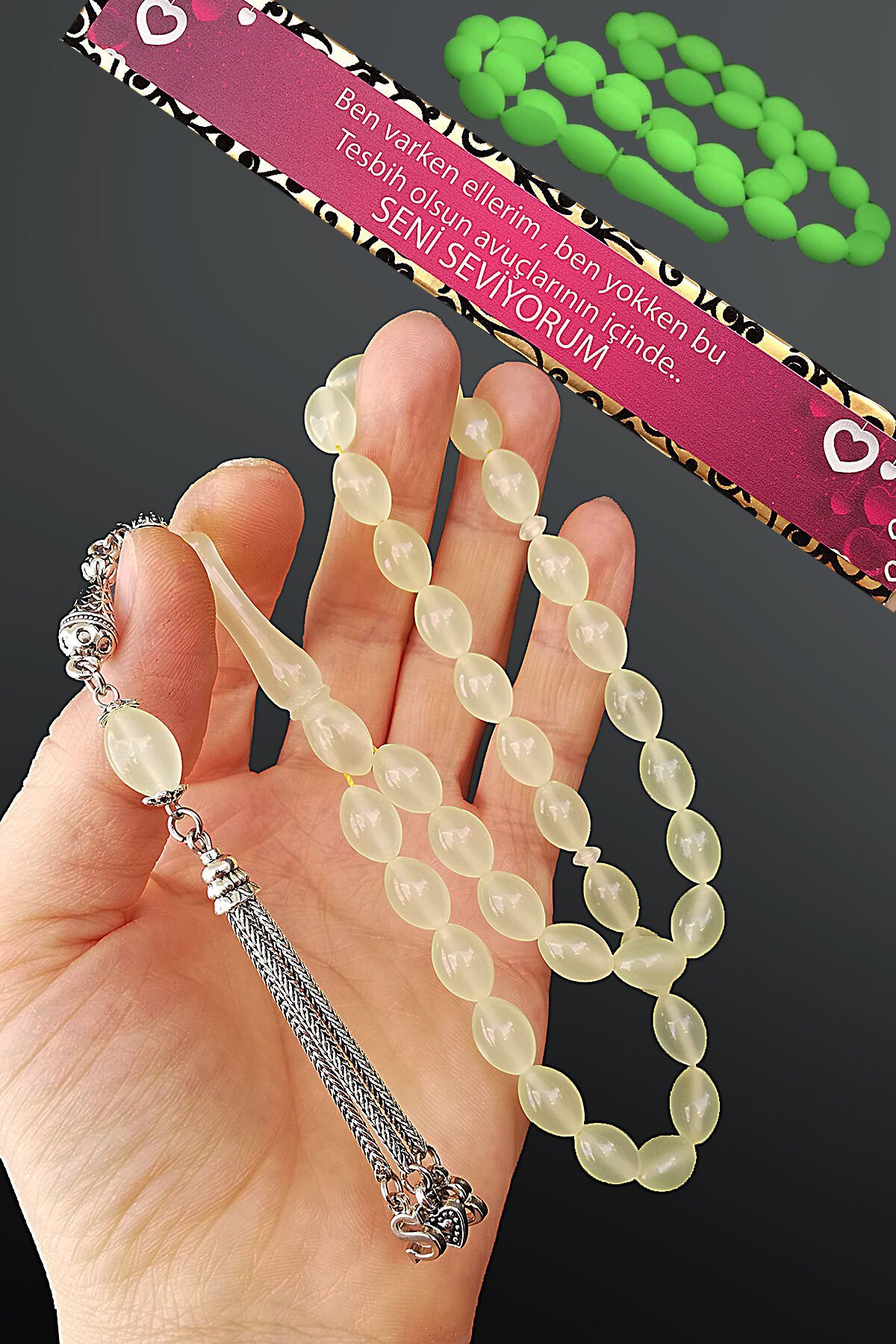 Sevgililer Gününe Özel Fosforlu Kedigözü Toz Kehribar Tesbih 2 Baş Harfli Özel Kutulu Tespih